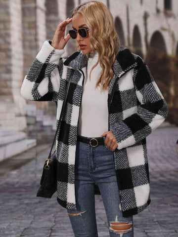 Plaid Collared Neck Coat with Pockets