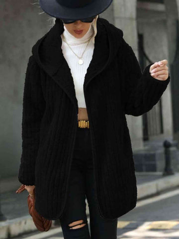 Open Front Ribbed Hooded Coat